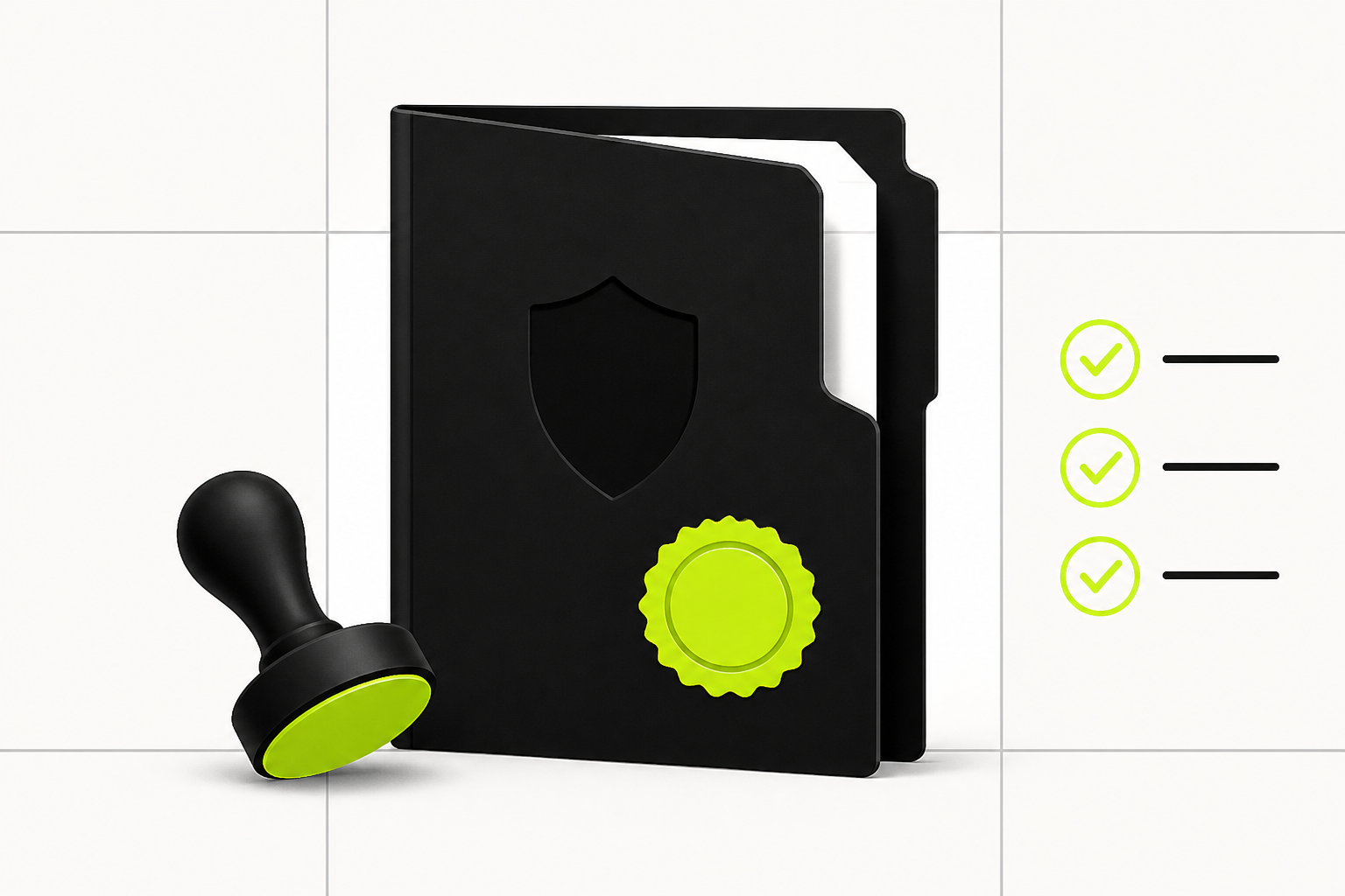 Stylised document folder with a lime seal representing UK licensing checks
